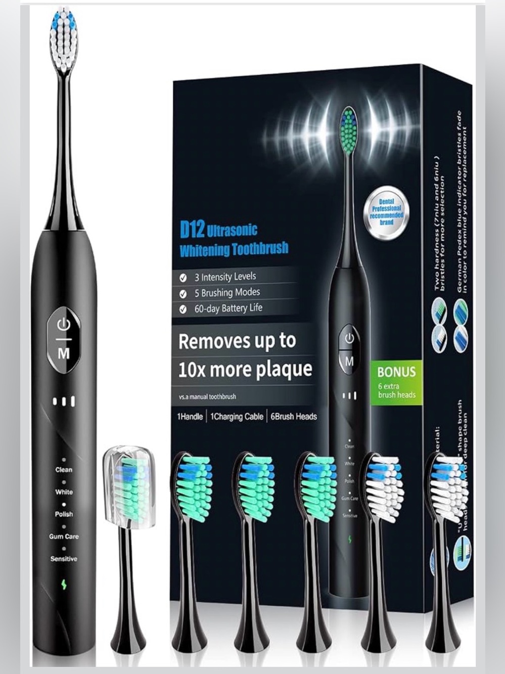 BRAND NEW Ultrasonic Electric Toothbrush - Black (Includes 6 Brush Heads)